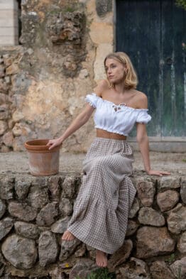 Lilia-Bluse-karo-und-Roma-Hose-beige-morena-isabel